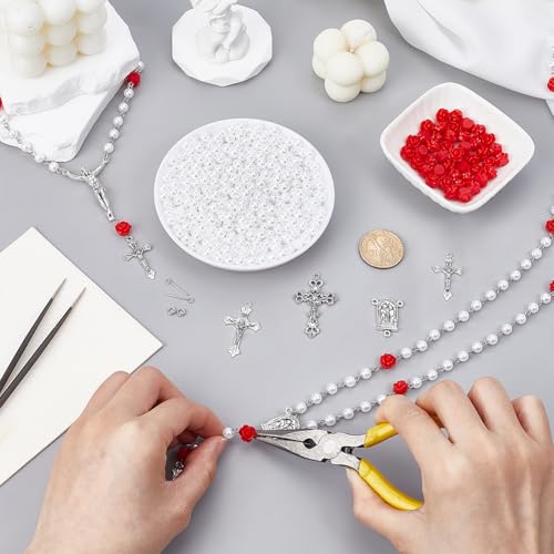 PH PandaHall 1343pcs Rosary Jewelry Making Kit, White Pearl Beads Rose Beads Metal Cross Pendants Links Eye Pins Jump Rings for DIY Bracelets Necklaces Jewelry Making Crafting Easter Decor