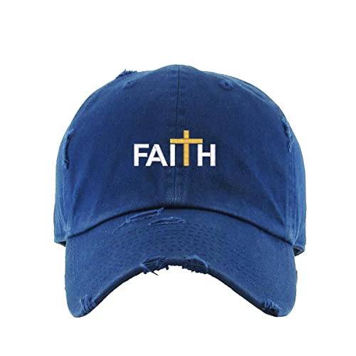 Faith with Cross Vintage Baseball Cap Embroidered Cotton Adjustable Distressed Dad Hat - color: Navy