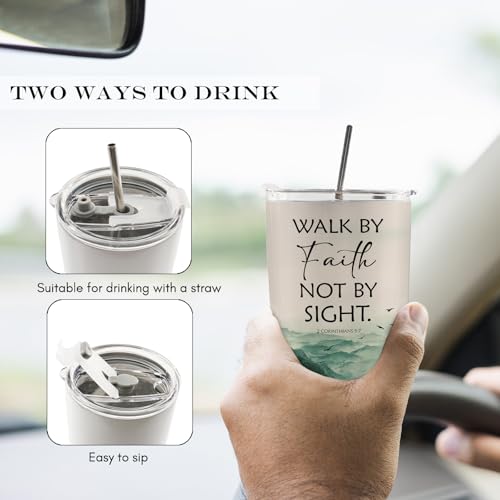 Christian Mountain Landscape 20oz Travel Coffee Mug Tumbler, Christian Gifts for Women Men, Walk By Faith Not By Sight Bible Verse Religious Stainless Steel Tumbler with Lid and Straw - color: faith
