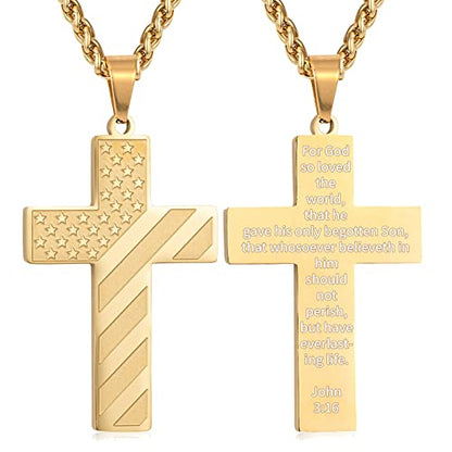 DuoDiner 18+2" Cross Necklace for Men Boys Christian Confirmation Gifts - color: Gold, style: John 3:16