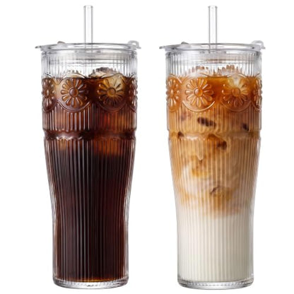 GOSCHE 20 oz Iced Coffee Cups with Lids, Glass Cups with Lids and Straws, Borosilicate Glass Tumbler for Coffee,Tea and Water, 2 Pack, Daisy