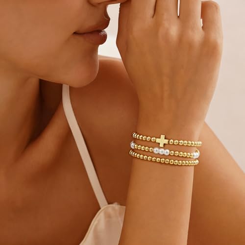 Gold Bracelets for Women Jewelry - Easter Basket Stuffers, Cross/Pearl/Beaded Bracelets Set, Dainty 14K Gold Plated Beaded Bracelets Stack, Birthday Easter Gifts for Women - color: 1Cross+1Bead+1Pearl