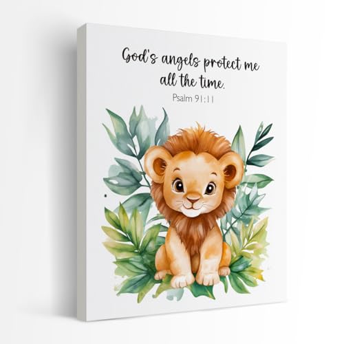 SZERE Woodland Nursery Animals Bible Verse Canvas Art Print, Cute Lion Forest Nursery Room Bedroom Wall Art Decor, Psalm 91, 11x14 Inch - color: lion
