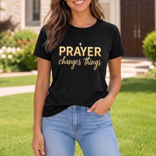 BeWithYou Christian Shirts for Women Religious Faith Jesus God Tshirts Inspirational Bible Verse Cross Graphic Tee Casual Top - color: Black, size: Medium