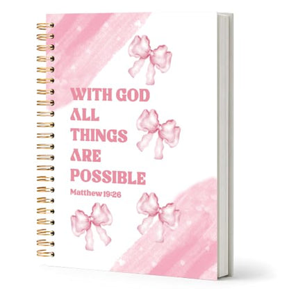 Coquette Pink Bow Christian Journal Notebook for Work Study, Preppy Girly With God All Things Are Possible Bible Prayer Spiral Notebook Office Supplies Gifts, 5.5x8.3 Inch - color: Pink Bow Bible