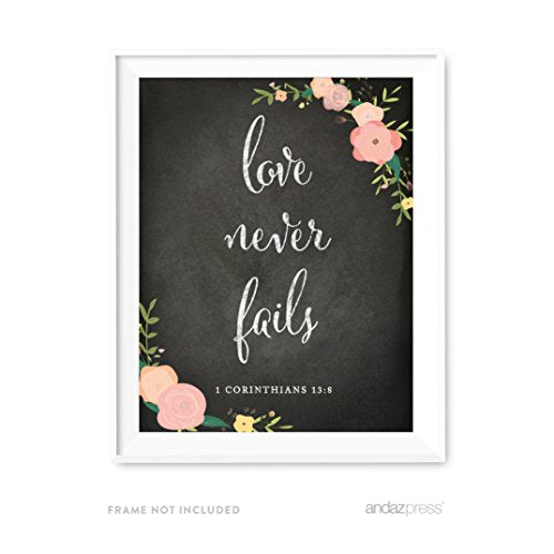 Andaz Press Biblical Wedding Love Quote Wall Art, Chalkboard Floral Roses Print Poster, 8.5x11-inch, Love Never Fails, 1 Corinthians 13:8, Bible Scripture Verse, 1-Pack - color: BIBLICAL LOVE NEVER FAILS