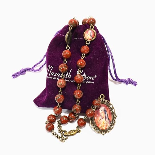 Nazareth Store Our Lady of Sorrows Stone Beads Rosary Solid Beaded Chaplet Necklace with Epoxy 7 Seven Sorrows Medallion - color: Red Jasper