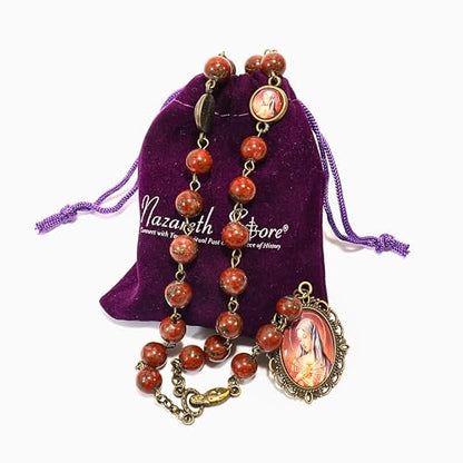 Nazareth Store Our Lady of Sorrows Stone Beads Rosary Solid Beaded Chaplet Necklace with Epoxy 7 Seven Sorrows Medallion - color: Red Jasper