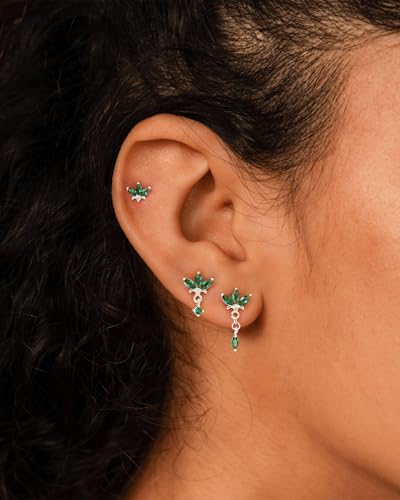 3 Pair Tiny Flat Back Earrings for Women - 14K Gold/White Gold Plated Dainty Cute Small Screw Flatback Stud Earring, Everyday Wear Gift - color: Silver-Green Marquise Flat 7/13/18mm