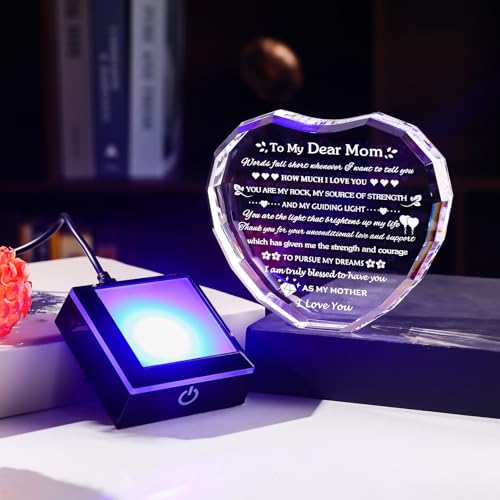 Arikyrist Gifts for Mom with Colorful LED Base Moms Birthday Gifts from Daughter Son to My Mom Gift Crystal Heart Keepsake Best Mother Presents Idea for Christmas Mother's Day Valentine - color: Mom Gifts + Light Base