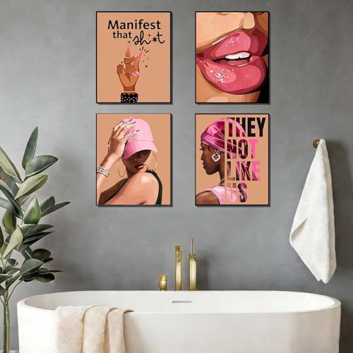 EVER-GOING TUNE Pink Black Girl Wall Art Set of 4,Trendy African American Women Wall Art,Trendy Preppy African American Woman Pictures for Living Room Bedroom College Dorm,8x10(Unframed - color: Pink Wall Art-1