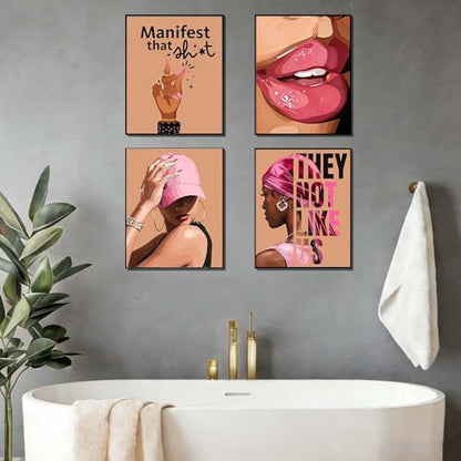 EVER-GOING TUNE Pink Black Girl Wall Art Set of 4,Trendy African American Women Wall Art,Trendy Preppy African American Woman Pictures for Living Room Bedroom College Dorm,8x10(Unframed - color: Pink Wall Art-1