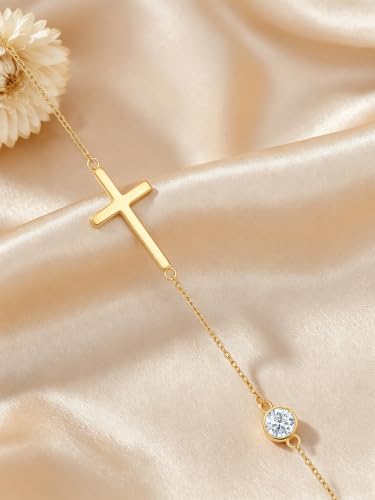 OJK 14K Gold Cross Necklace for Women Sideways Cross Birthstone Jewelry - color: 04-Synthetic Diamond