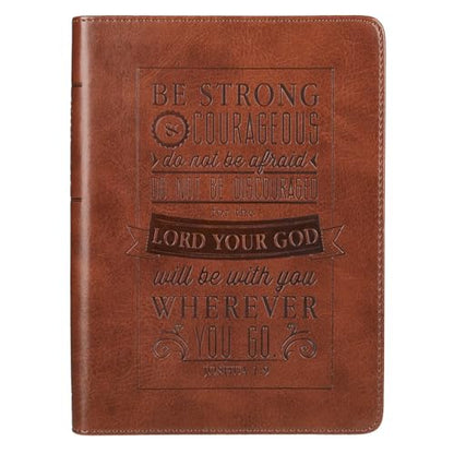 Christian Art Gifts Classic Handy-sized Journal Be Strong and Courageous Joshua 1:9 Bible Verse Inspirational Scripture Notebook w/Ribbon, Faux Leather Flexcover 240 Ruled Pages, 5.7" x 7", Brown