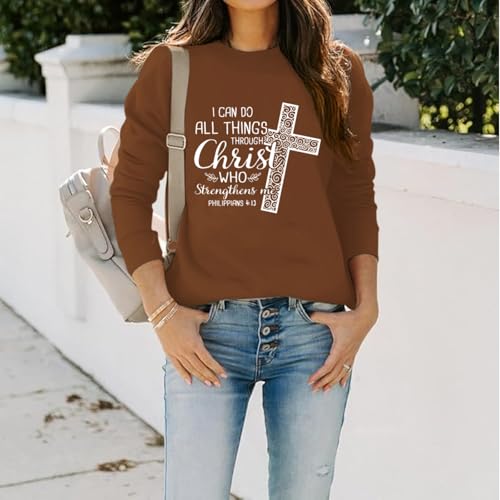 KEEVICI Christian Jesus Sweatshirts For Women Religious Bible Verse Cross Sweatshirt God Hoodie Faith Long Sleeve Shirts - color: Brown, size: X-Large
