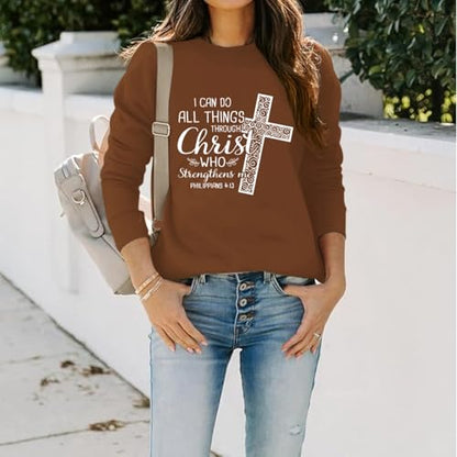 KEEVICI Christian Jesus Sweatshirts For Women Religious Bible Verse Cross Sweatshirt God Hoodie Faith Long Sleeve Shirts - color: Brown, size: X-Large