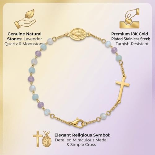 18K Gold Plated 316L Stainless Steel Rosary Bracelet for Women, Amazonite Amethyst Larimar Stone Beaded Cross Bracelet with Religious Medal, First Communion Confirmation Baptism Religious Gift Jewelry, 7.5inch