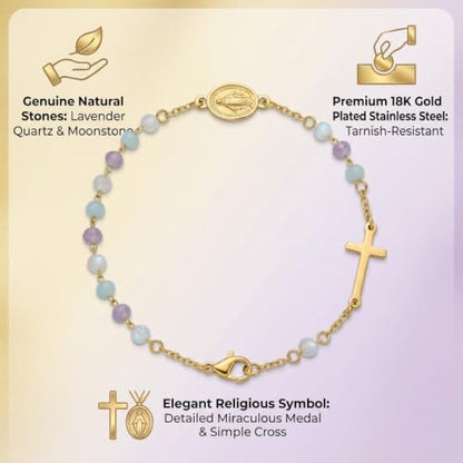 18K Gold Plated 316L Stainless Steel Rosary Bracelet for Women, Amazonite Amethyst Larimar Stone Beaded Cross Bracelet with Religious Medal, First Communion Confirmation Baptism Religious Gift Jewelry, 7.5inch