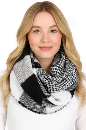 ScarvesMe Women's Check and Plaid Soft Infinity Loop Winter Fall Warm Scarf - color: Easc9397_white