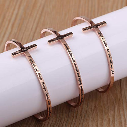 Memgift 𝐂𝐫𝐨𝐬𝐬 𝐁𝐫𝐚𝐜𝐞𝐥𝐞𝐭 Religious Cuff Bangle 𝐁𝐢𝐛𝐥𝐞 𝐕𝐞𝐫𝐬𝐞 Christian Gifts Jewelry for 𝐖𝐨𝐦𝐞𝐧 - style: Rose gold-Be strong ,Be brave ,Be fearless.you are never alone -Joshua 1:9