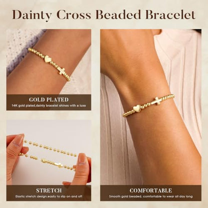 Turandoss Gold Cross Bracelet for Women Heart Beaded Bracelet Faith Jewelry - color: Dainty Cross Bracelet