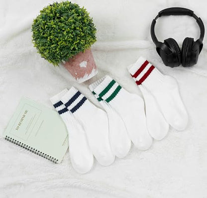 BomKinta Womens Striped Crew Socks Retro Above Ankle Cotton Sock Size 5-10 - color: 3 Pairs-red Green Blue