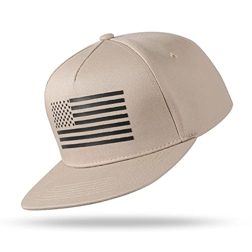 UALON Baseball Cap, Snapback Trucker Hat for Men & Women with American Flag and Adjustable, Breathable Mesh, Flat Bill Hats - color: Khaki