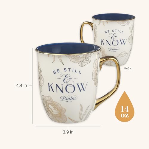 Christian Art Gifts Novelty Large Ceramic Scripture Coffee Mug for Women - color: White & Navy Blue/Be Still