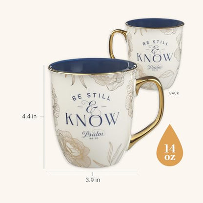 Christian Art Gifts Novelty Large Ceramic Scripture Coffee Mug for Women - color: White & Navy Blue/Be Still