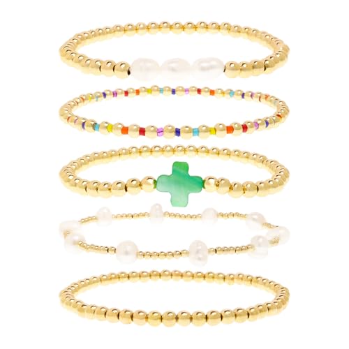 Gold Pearl Beaded Cross Bracelets Stack Set for Women, Boho Handmade Colorful Small Beads Stretchable Jewelry Friendship Summer Trendy Gift. - color: green