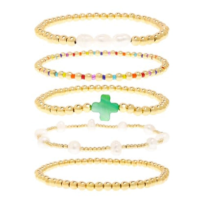 Gold Pearl Beaded Cross Bracelets Stack Set for Women, Boho Handmade Colorful Small Beads Stretchable Jewelry Friendship Summer Trendy Gift. - color: green
