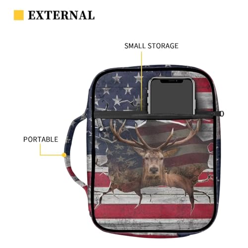 Suobstales 3D Deer American Flag Print Bible Covers for Women Men Bible Case Bible Bag and Tote Bible Accessories with Handle and Zippered Pocket Carrying Book Case - color: 3d Deer American Flag
