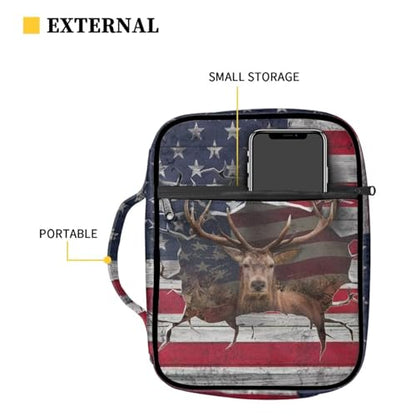 Suobstales 3D Deer American Flag Print Bible Covers for Women Men Bible Case Bible Bag and Tote Bible Accessories with Handle and Zippered Pocket Carrying Book Case - color: 3d Deer American Flag