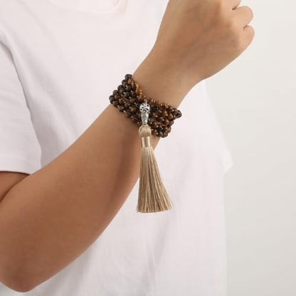 INBLUE 108 Mala Prayer Beads Wrap Necklace with Long Tassel Boho Necklace for Women Amazonite Bead Bracelet with Spiritual Tree of Life Pendant 108 Beads Necklace for Meditation - color: Natural Tiger Eye