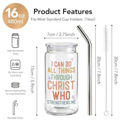 Christian Gifts for Women 16 oz Glass Cups with Lids and Straws, Inspirational Bible Verse Iced Coffee Cup Tumbler for Daily Use, Mothersday Baptism Birthday Religious Gifts for Church Friends