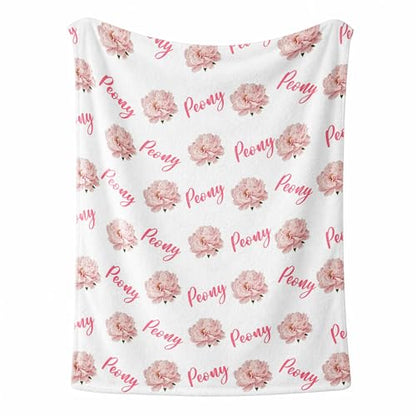 Personalized Floral Name Blanket, Custom Floral Name Design Peony, Soft Nursery Throw, Newborn Birthday Baptism Christening Keepsake - color: #Ver7