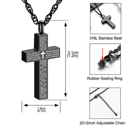 Cremation Cross Necklace for Ashes Stainless Steel Cross Urn Pendant Ashes Holder Memorial Jewelry-With Me Always - style: Lord's Prayer-Black customize