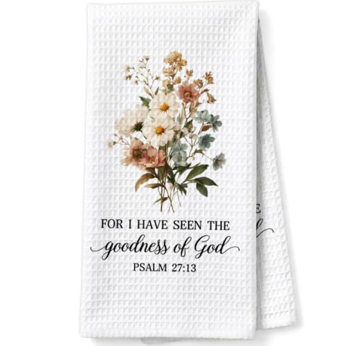 Christian Scripture Gifts Decorative Towels for Women Hostess Faith Prayer, Bible Verse Gifts Waffle Weave Kitchen Towels, for I Have Seen The Goodness of God Psalm 27:13 - color: Purple