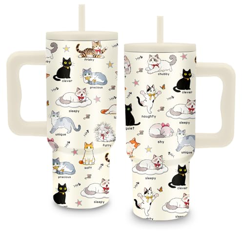 24oz Cute Cat Tumbler with Handle & Straw, Gift For Cat Lovers - color: Cat7