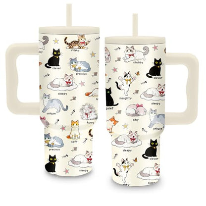 24oz Cute Cat Tumbler with Handle & Straw, Gift For Cat Lovers - color: Cat7
