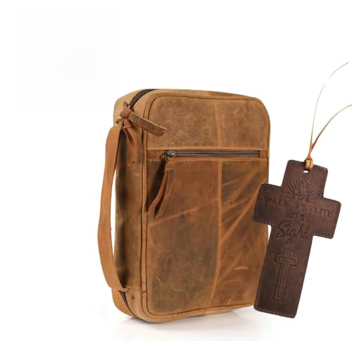 11 x 8 inch Genuine Leather Bible Cover for Men & Bible Case Women Organizer with Handle & Pocket Pen Holder Christian Religious Gift Cross Bookmark Bible Carrying Bag for Church Camel - color: Yellow Camel