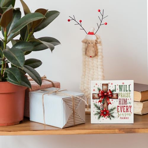Rustic Christian Christmas Cross Wooden Box Sign Desk Decor, Farmhouse Religious Christmas Wood Block Sign for Home Office Desk Table Shelf Wall Decorations, 5x5 Inch - color: Christian-01