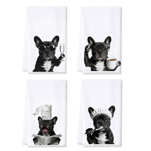 French Bulldog Kitchen Towels Set of 4, Funny Dog Dish Towels - color: Black French Bulldog