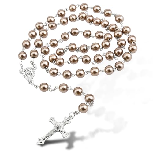 Rosary Beads for Women - Catholic Rosary Beads with Cross, Pink Crystal Rosary Necklace with Velvet Pouch, Religious Gifts for Women - color: Brown