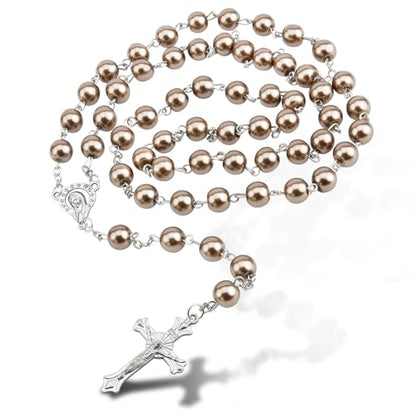 Rosary Beads for Women - Catholic Rosary Beads with Cross, Pink Crystal Rosary Necklace with Velvet Pouch, Religious Gifts for Women - color: Brown