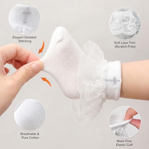 Baptism Socks for Baby Girls - White Newborn Christening Socks With Cross & Eyelet Frilly Lace - color: A-white