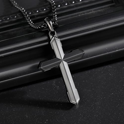 Stainless Steel Cross Necklace for Men with Adjustable Box Chain Christian Cross neckalce Gift - color: Black-A