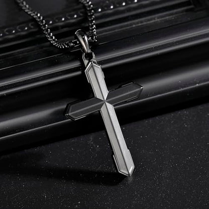 Stainless Steel Cross Necklace for Men with Adjustable Box Chain Christian Cross neckalce Gift - color: Black-A