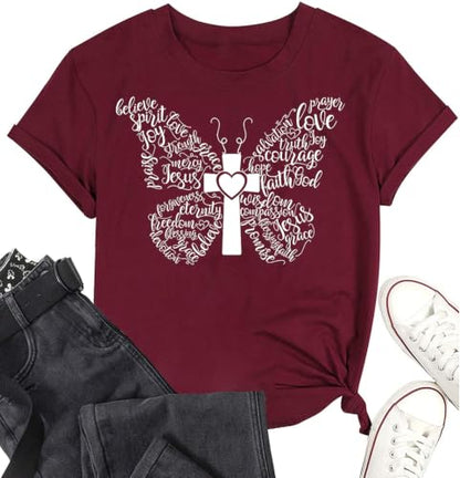 Women Christian Faith T Shirts - color: 1wine Red, size: Small