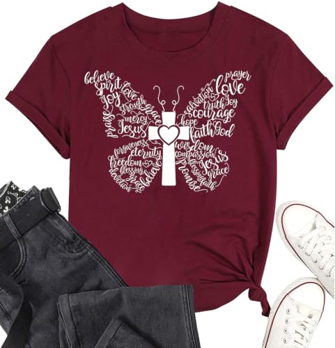 Women Christian Faith T Shirts - color: 1wine Red, size: Large